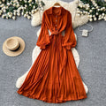 Light mature style lapel lantern sleeve red a-line dress women's springelegance waist slimming lookpleated long skirt