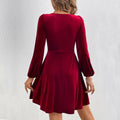 european and american women's clothing  fall/winter new sexy v-neck cinched waist a-line long sleeve party velvet dress