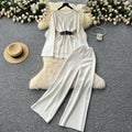 European and american chic fashion set for women - autumn/winter flared sleeve, cinched waist, loose knit sweater top with high-waisted wide leg casual pants