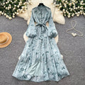 Frenchromantic style lantern sleeve printingdress female k-style waist slimming look a-line long skirt work clothingelegantelegance