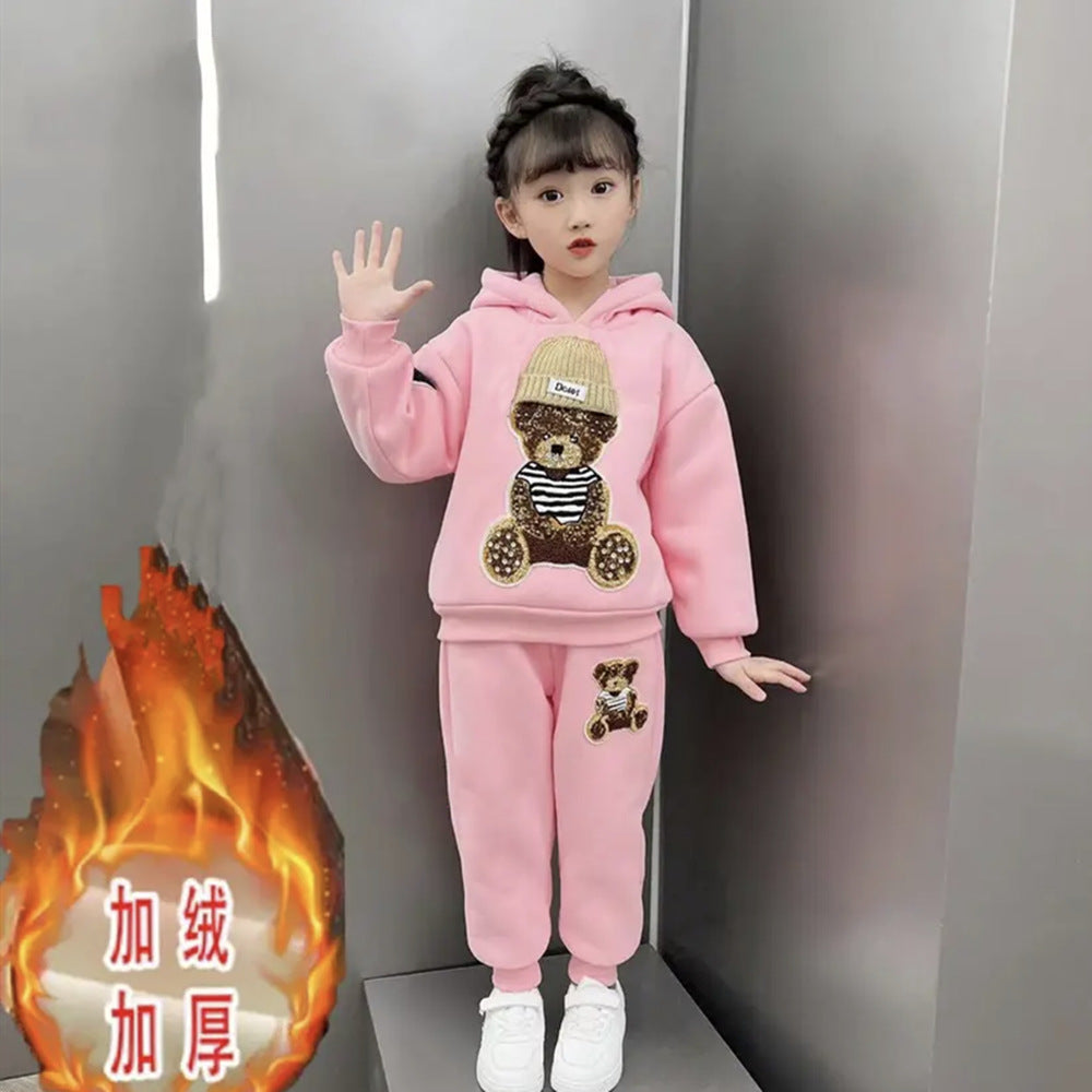 Girls' fall/winter outfit set : stylish, fleece-lined, thickened kids' winter sweatshirt and vest three-piece set