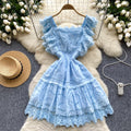Gentle style elegantdress women's summer french heavy industry laceembroider waist slimming look small flying sleeve dress