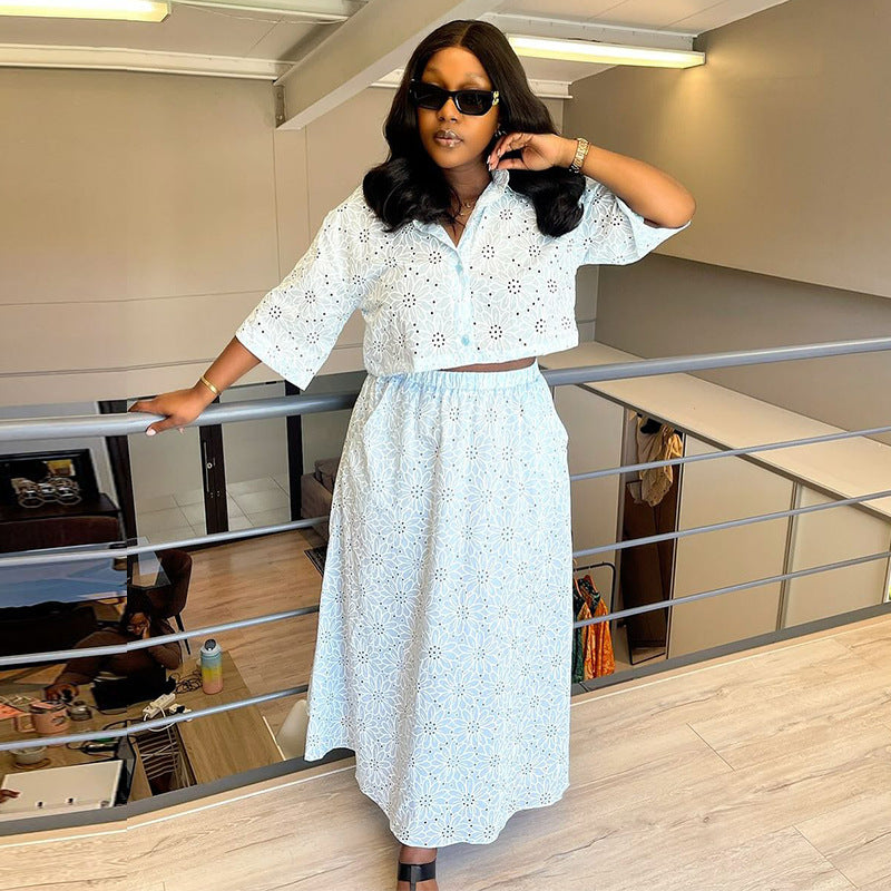 European and american style women's fall  new collection: cutout collar short sleeve shirt & high-waisted a-line midi skirt casual set