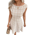 spring/summer european and american export cross-border striped plaid crew neck sleeveless color block shirred waist midi dress