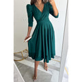 fashion women's clothing:  spring collection - solid color v-neck, cinched waist, pleated maxi dress