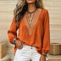 Ethnic style printinglong sleeves t-shirt deep v neck exquisite printing lantern sleeves relaxed vacation style orange loose shirt