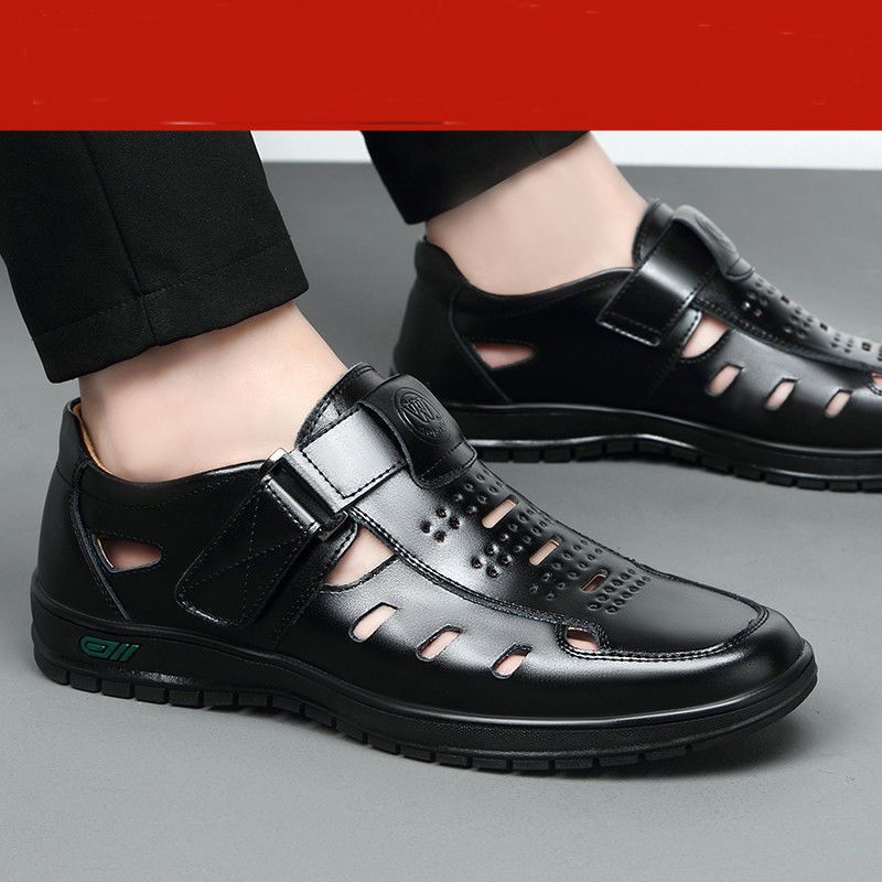 Summer hollow-out leather sandals for men - casual, breathable, business-ready, soft upper, perforated design, durable, middle-aged and elderly, dad shoes