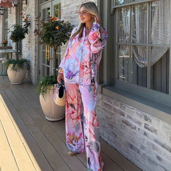 Cross-border European and American women's clothing set long-sleeved large-size printed shirt casual trousers  new fashion two-piece set women