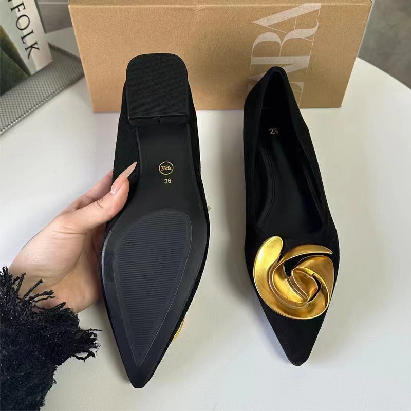 Za new 2024 spring/summer pointed-toe flat sandals for women - fashionable metal flower buckle detail, low-cut outdoor shoes
