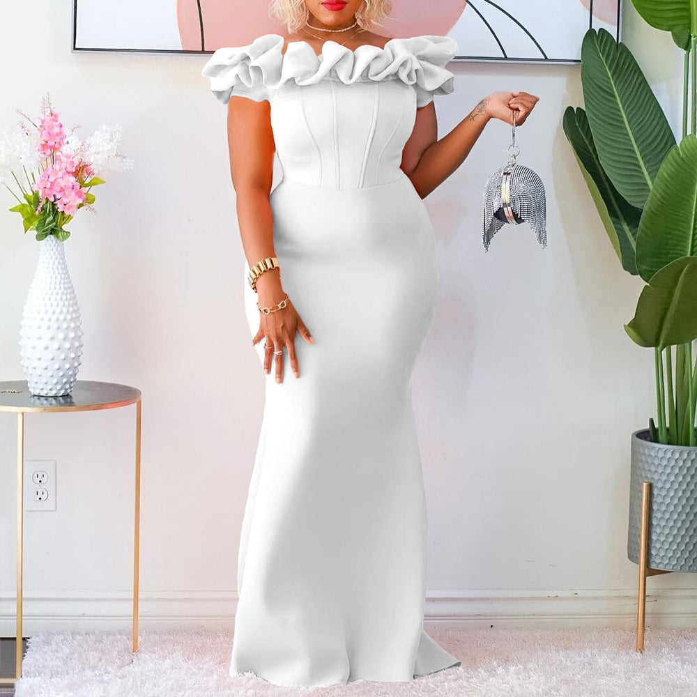 D3192 european and american cross-border women's fashion  new solid color mermaid dress with ruffle trim, slim-fit evening gown, african maxi dress
