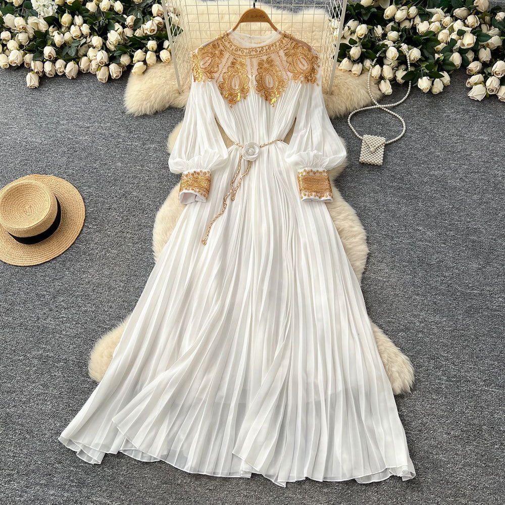 Frenchclassyelegance heavy industry embroidered beads sequin patchwork lantern sleeves straps waist pleated dress women's long skirt