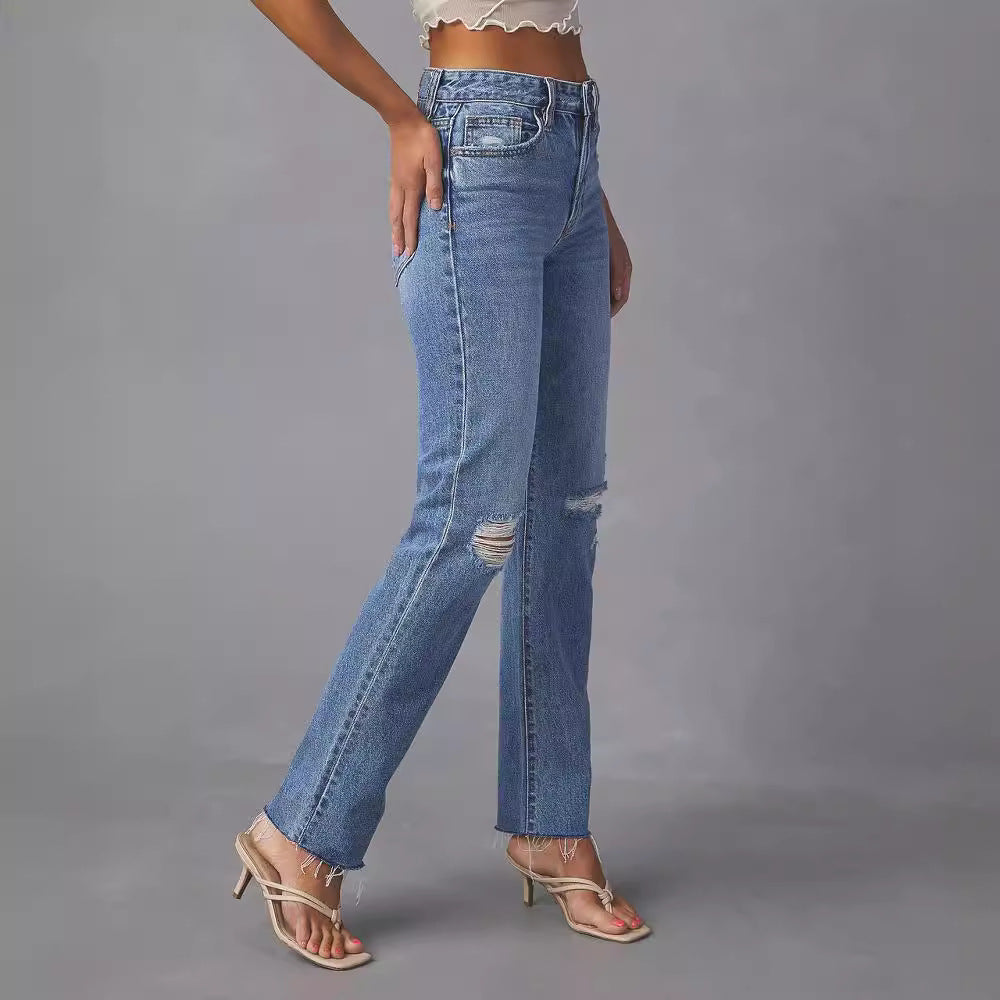 Independent station raw edge jeans for women new arrivalfashion ripped raw edge straight-leg pants stretch washed jeans