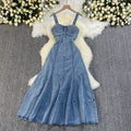 Fashion cross-border summernew arrival denim dress suspender backless high waist zipper silm large swing denim long skirt