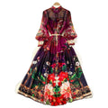 European and american style court dress - women's vintage print, slimming waist, elegant print, pleated chiffon maxi dress