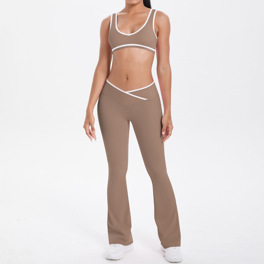 new arrival: double-sided brushed fleece color block compression yoga set - breathable, cross-back design, perfect for running and fitness (two-piece set)