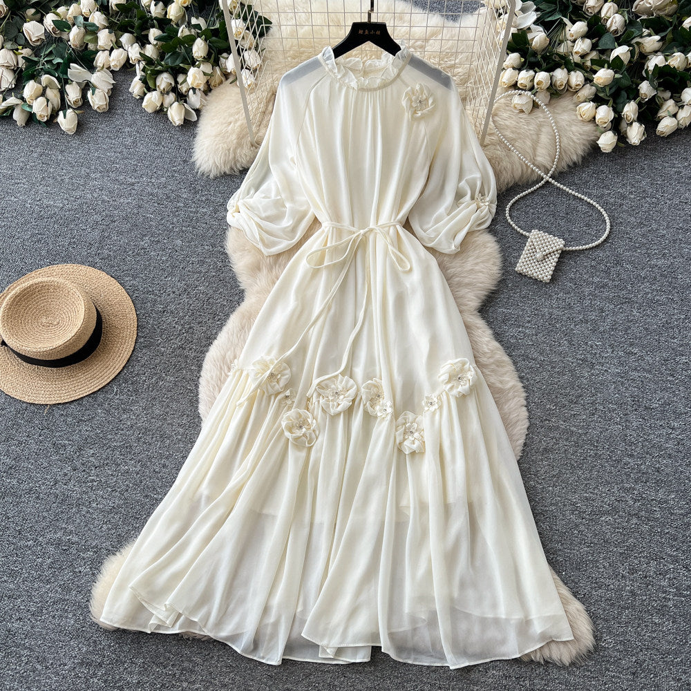 Qianjin feng accessible luxurysense of designstereo flower dress female summerlong sleeveshigh waista-line skirteleganceelegant
