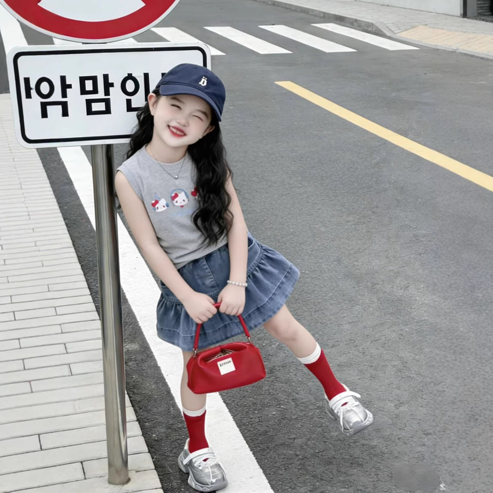 Girls'  summer comfortable cartoon cat tank top set, baby girl casual sweet denim skirt two-piece outfit