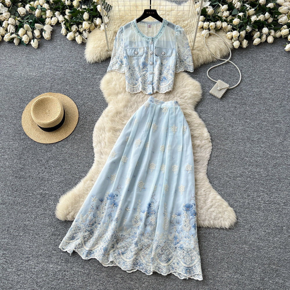 French chic floral print short sleeve embroidered two-piece set - women's summer casual slim fit age-defying outfit
