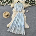 French chic floral print short sleeve embroidered two-piece set - women's summer casual slim fit age-defying outfit