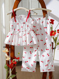 girls' spring/summer new collection: pastoral style textured sleeve top with cute cherry design + refreshing wide-leg pants two-piece set