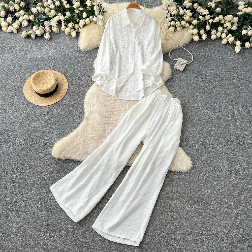 Lazy style sense of design diamond stripesshirtloose pantstwo-piece set women's spring autumwork clothingcasualelegantsuit