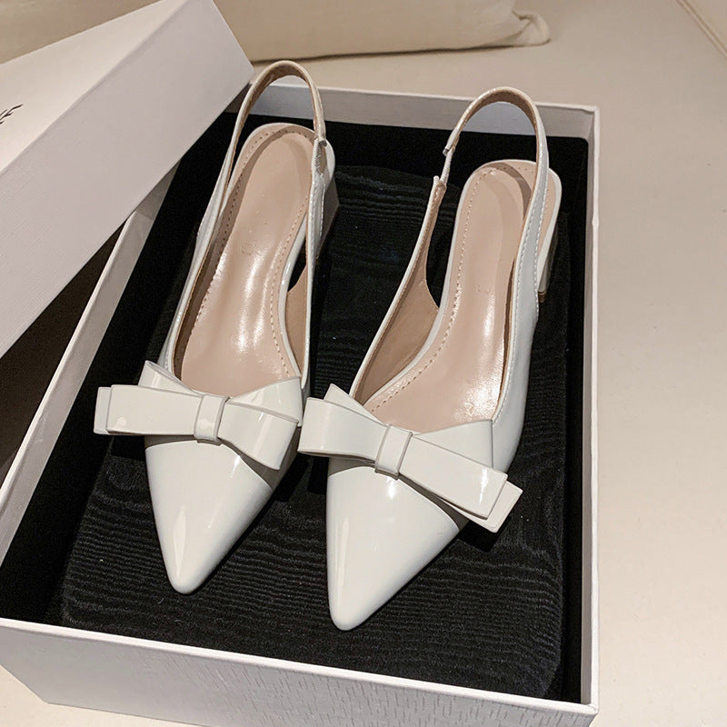 2025 summer new sweet style pointed-toe chunky heel fashion flats with bow detail, closed-toe high heel sandals for women