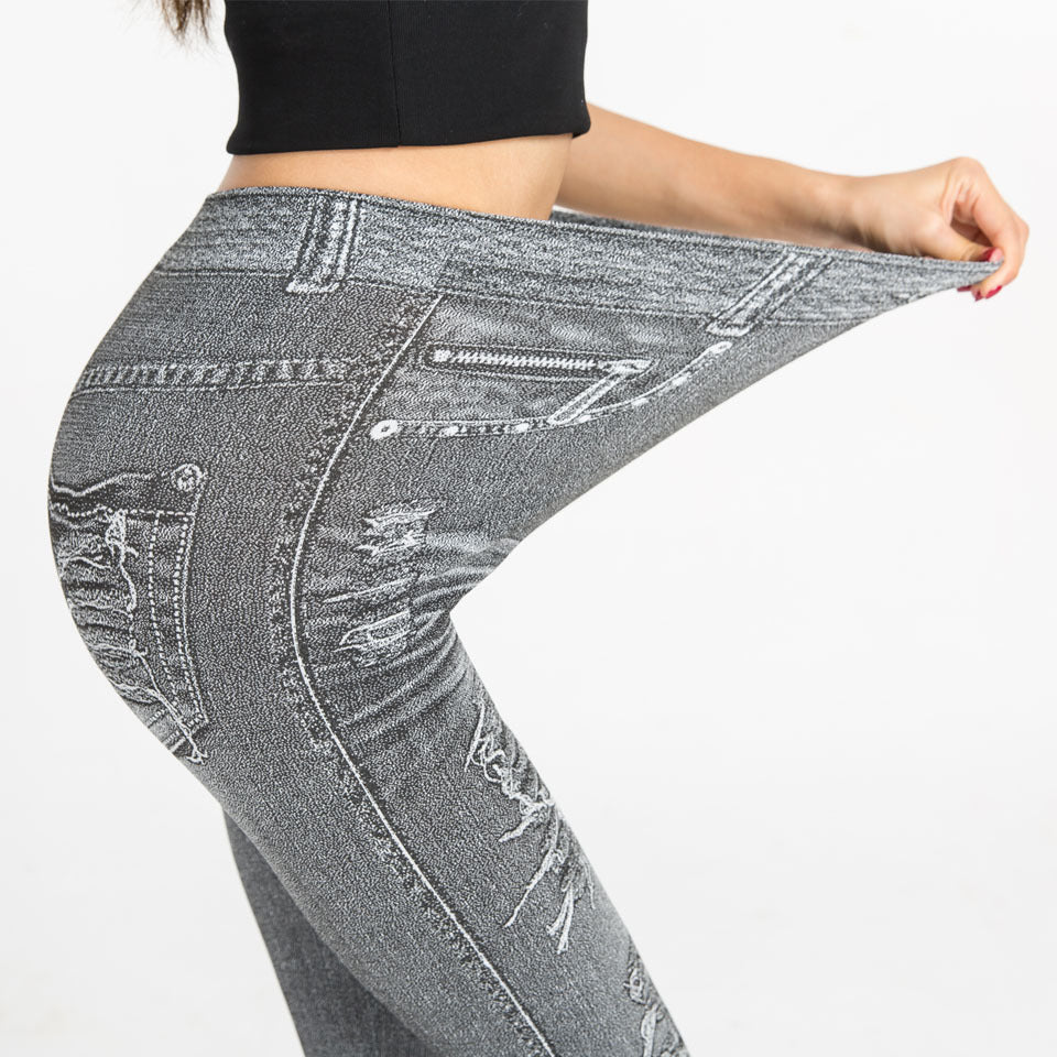 Wish hot-selling summer distressed print faux denim leggings -  cross-border hot seller, thin, high-stretch, all-in-one pants