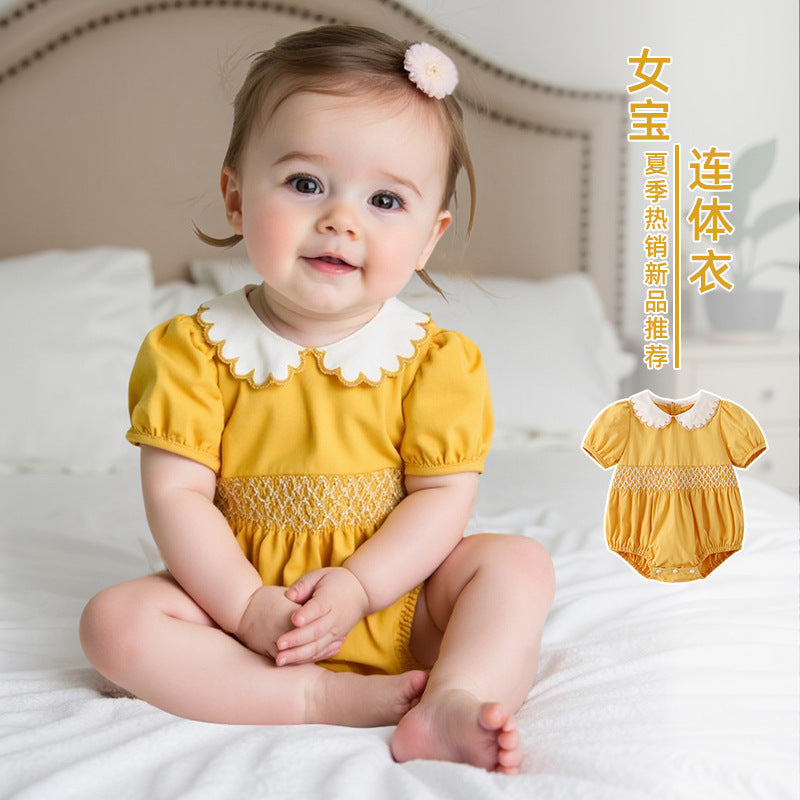 Baby clothing a-grade summer  new short-sleeve romper with shirring, newborn bodysuit, solid color baby outfit