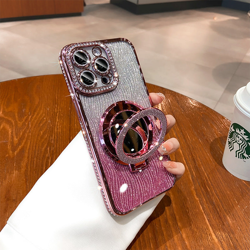 Apple 17pro luxury rhinestone glitter suitable for iphone 16e mobile phone case 15 water ripple mirror bracket magnetic suction