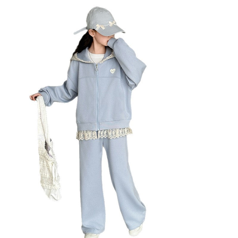 Girls' spring/autumn tracksuit set - stylish hooded wide-leg pants for older girls,  new korean style two-piece outfit
