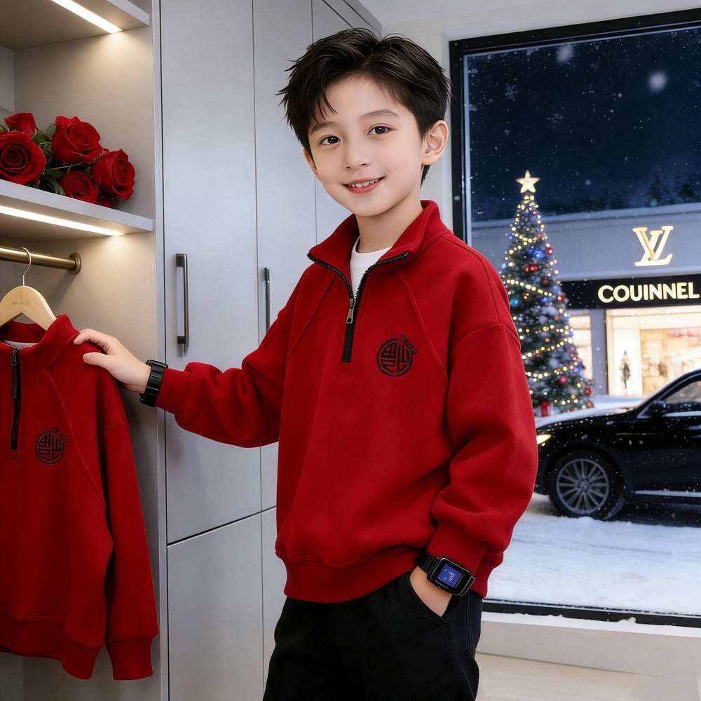 Kids' stylish red mock neck solid color sweatshirt - new spring/autumn collection for boys - half-zip stand collar top - year of the horse edition