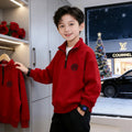 Kids' stylish red mock neck solid color sweatshirt - new spring/autumn collection for boys - half-zip stand collar top - year of the horse edition
