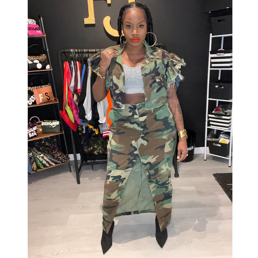 Plus size european and american cross-border women's clothing  street style unique camouflage print large pocket slit midi skirt