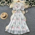 French romantic style printed tie-up dress - women's summer korean v-neck strappy short sleeve a-line maxi dress - elegant