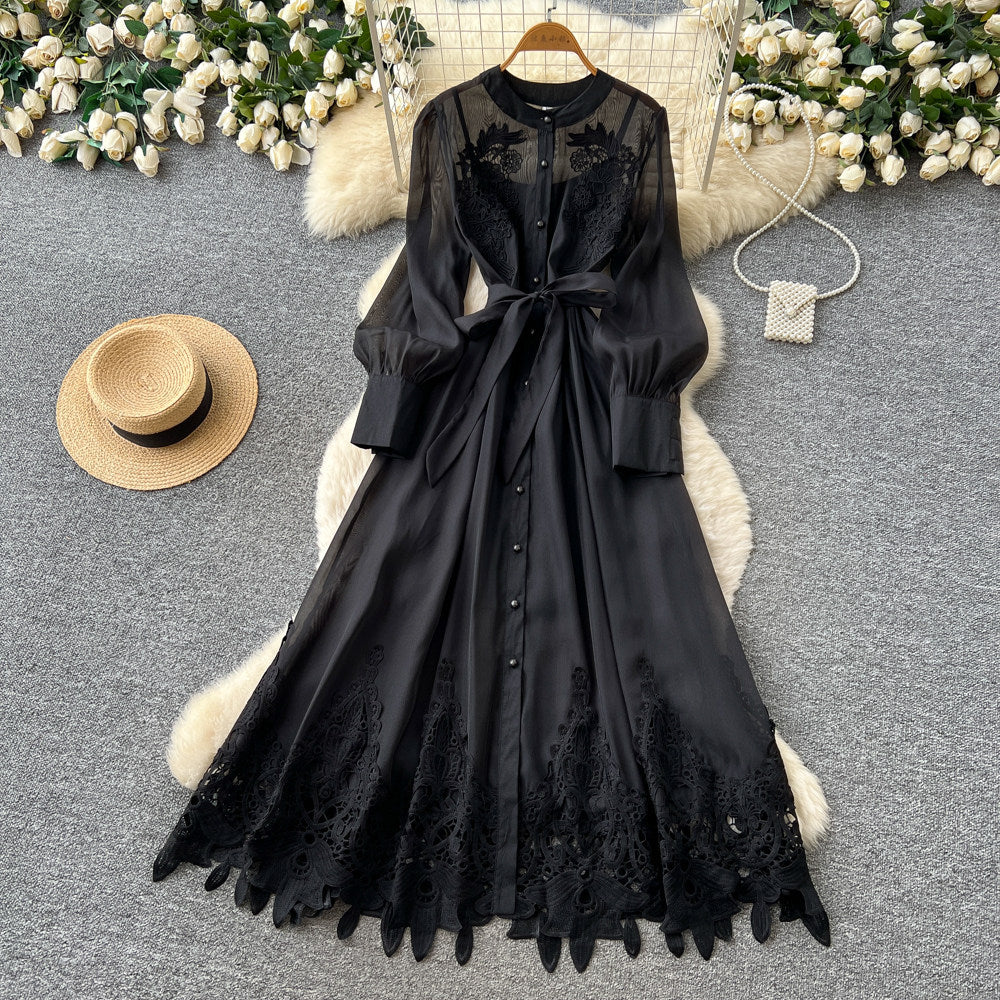 K-style heavy industry embroidercut outdress women's summerlong sleeves waist slimming lookwork clothingelegant yellow a-line skirt