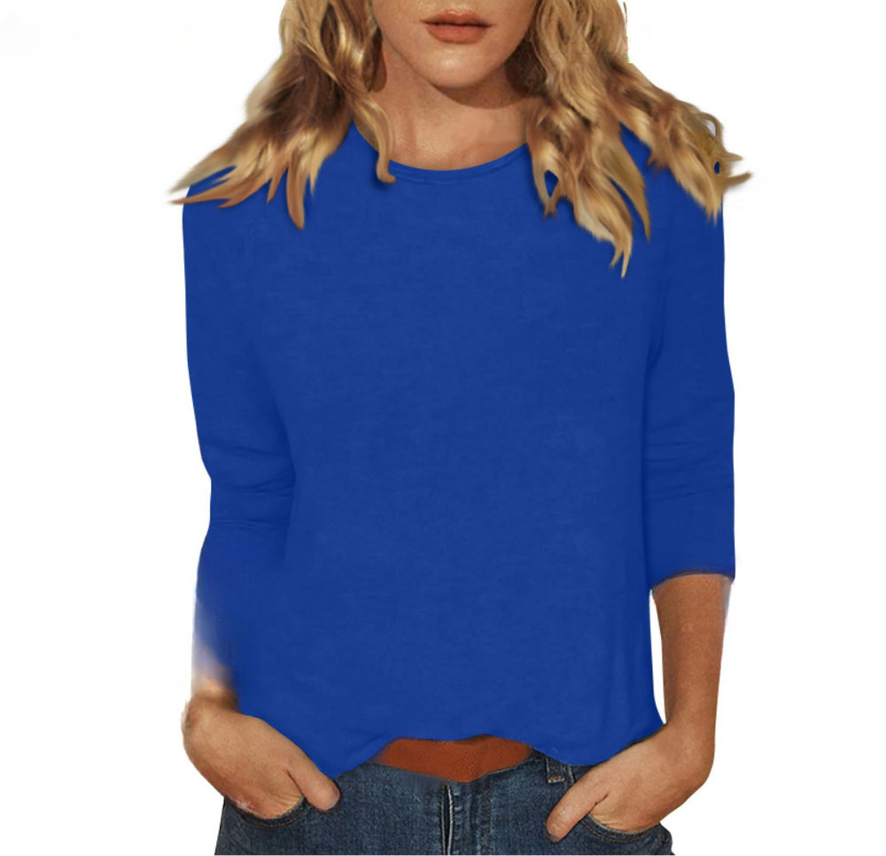 new women's crew neck t-shirt with 3/4 sleeves - solid color top for cross-border  sales