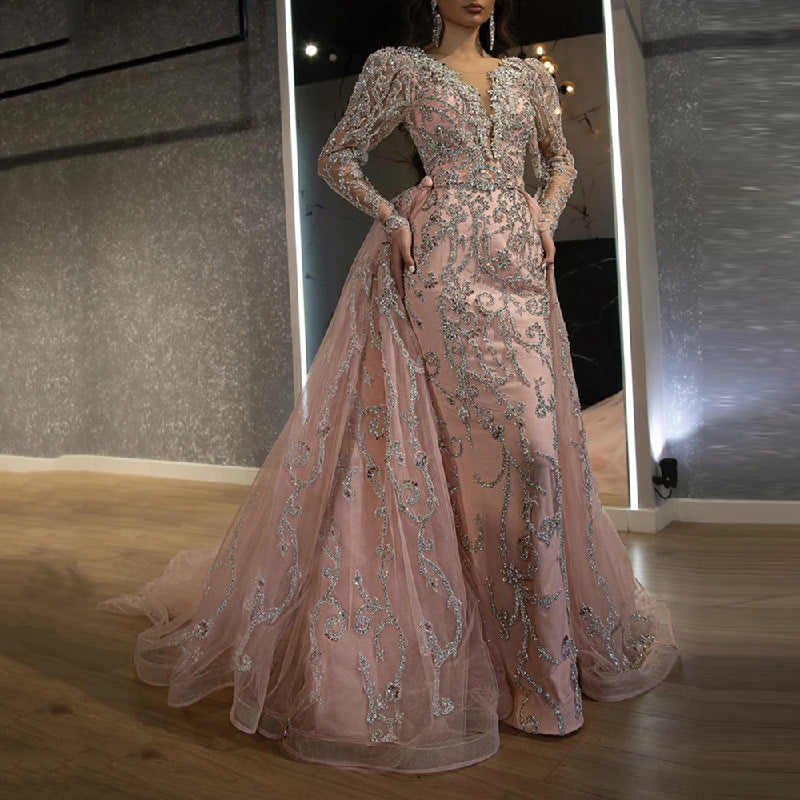 new european and american cross-border women's fashion  dress - sexy v-neck long sleeve gold-sprinkled train evening gown