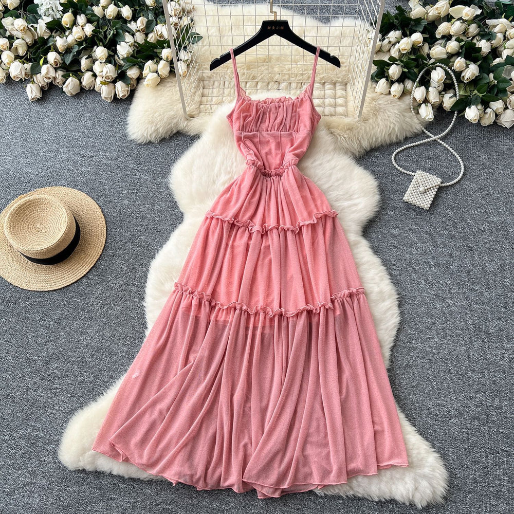 French tea break retro suspender dress women's vacation style waist slimming look pleated design draped large swing long skirt