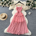 French tea break retro suspender dress women's vacation style waist slimming look pleated design draped large swing long skirt