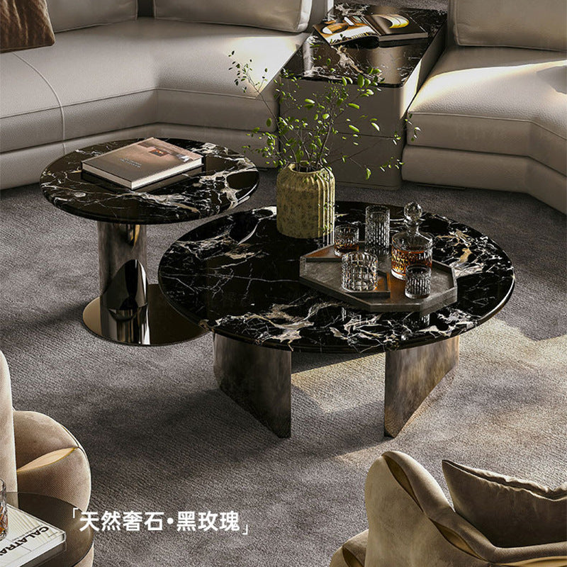 Ready-to-ship marble coffee table - luxury round coffee table with black rose design - natural stone, high-end living room table