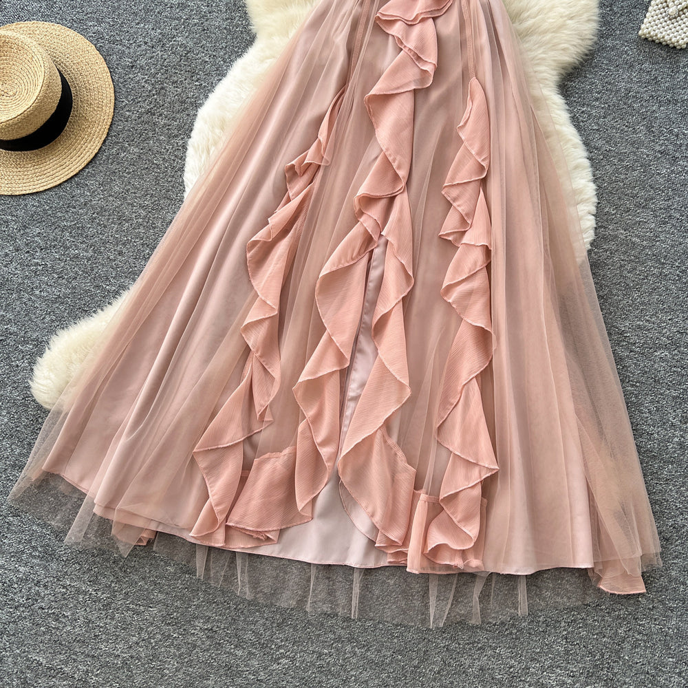 French riviera style halter mesh dress - women's summer romantic sleeveless ruffle trim slimming elegant maxi dress