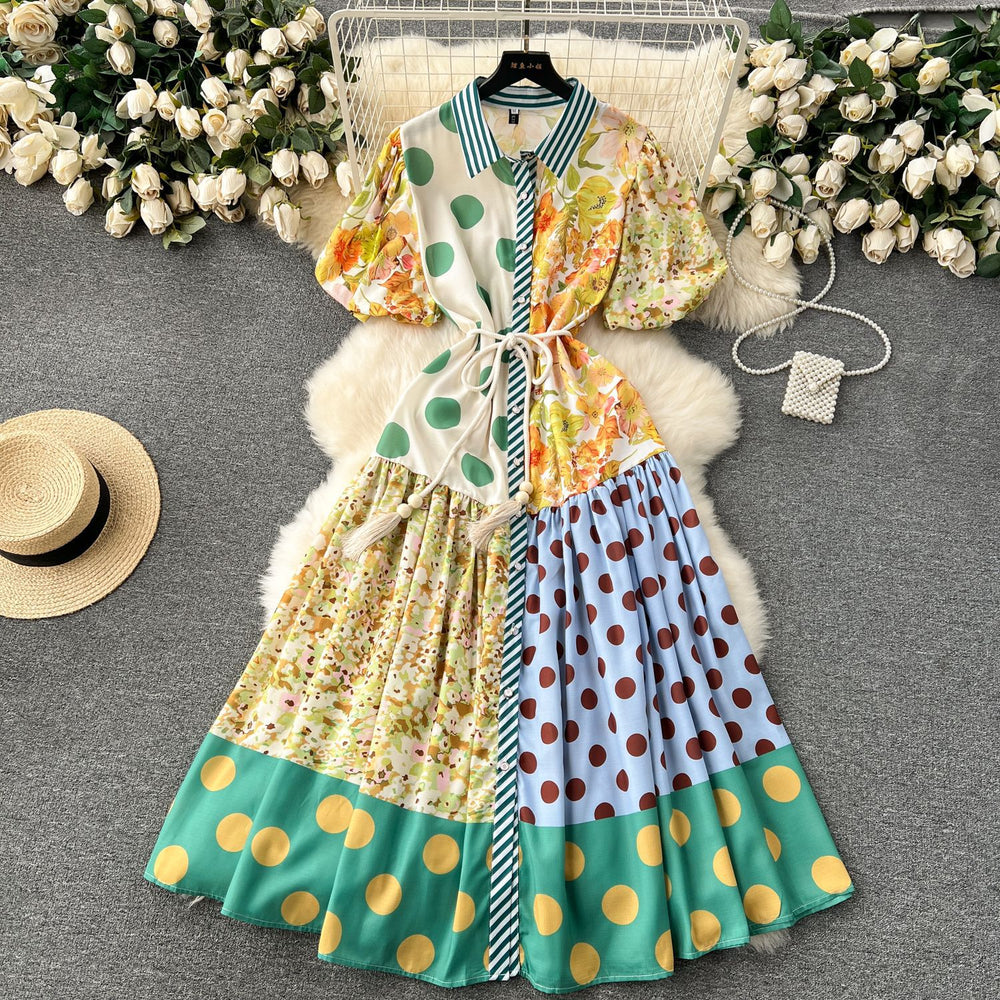 Frenchniche stylecontrast colorpatchwork style puff sleevesloose large hemlongsense of design polka dotdress dress