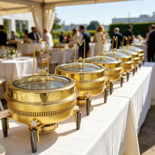 Newly designed stainless steel gold and white 9l thermal pot with alcohol heating, long life and durable hanging lid type food insulation