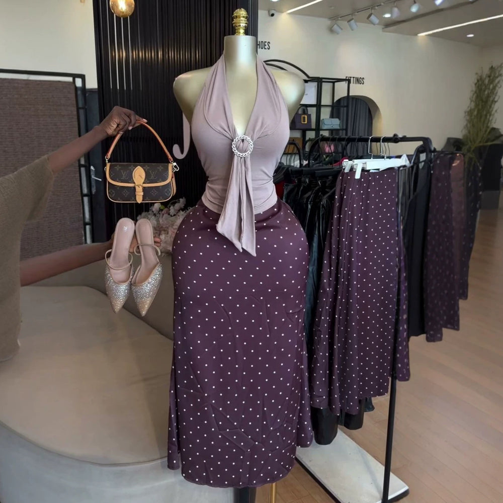 European and american cross-border women's fashion:  summer new arrival - elegant v-neck sleeveless top with polka dot midi skirt set