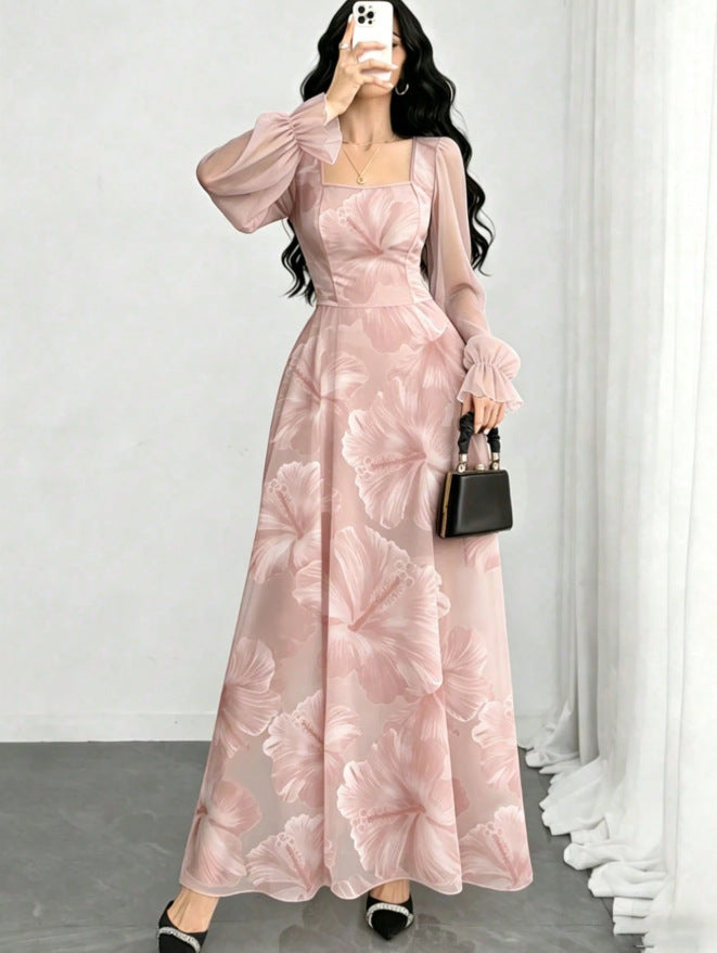 european and american new arrival: white base, multi-colored floral print, square neck, chiffon bubble long sleeve, cinched waist, maxi swing dress