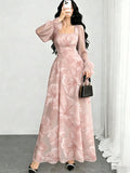 european and american new arrival: white base, multi-colored floral print, square neck, chiffon bubble long sleeve, cinched waist, maxi swing dress