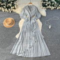 Elegant accessible luxuryclassydressniche stylefrenchfashionv neck bell sleeves tie waist asymmetrical long skirt