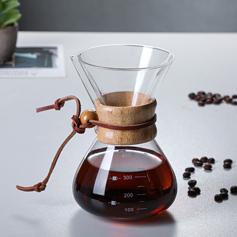 Wood chip hand-brewed coffee pot, high borosilicate glass coffee sharing pot, coffee filter cup, outdoor hand-brewed pot, chemex pot