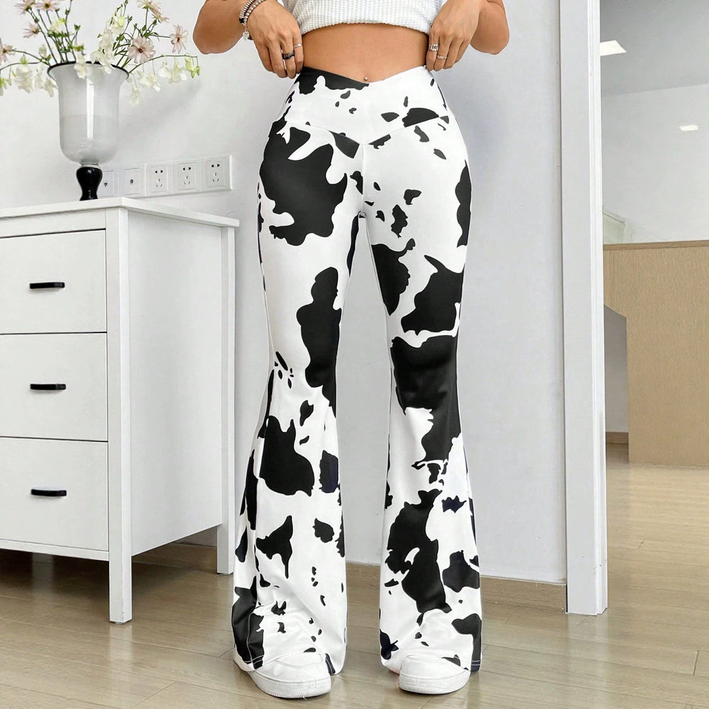 In stock-53357#  cross-border fashion and versatile women's cow print v-waist elastic flared pants