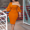 D236 cross-border new fashion contrasting color off-shoulder long-sleeved hip skirt independent station   large size women's clothing